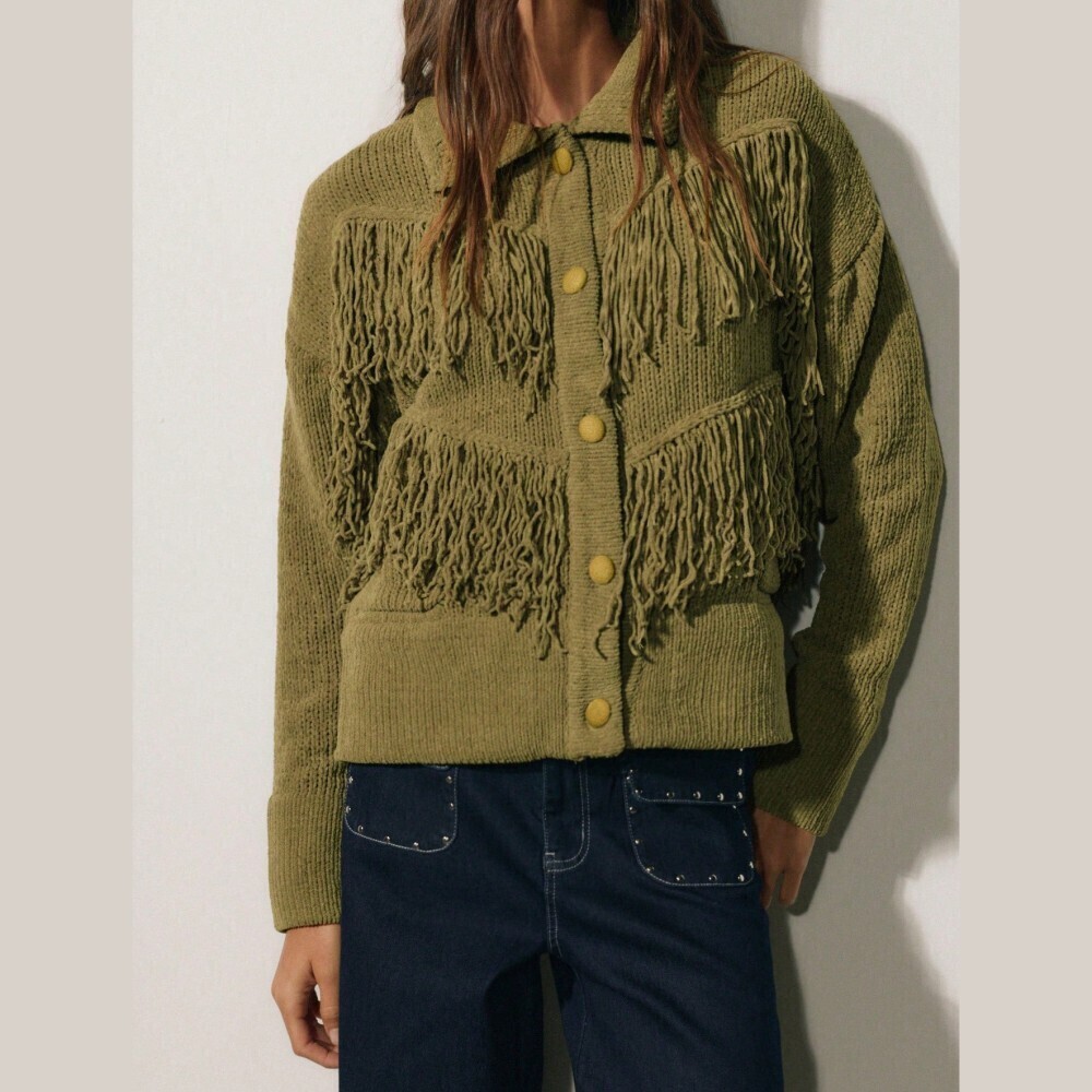 Olive Green Fringe Front Button Collared Knit Cardigan Jacket